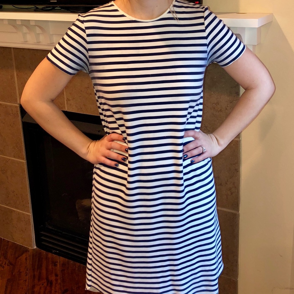 White and blue striped dress